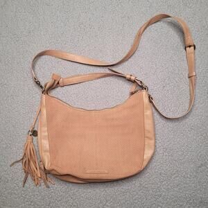 Lucky Brand Crossbody Bag Ebon Tan Leather Perforated Tassel Hobo Shoulder Boho